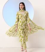  green floral print straight thread work kurta and trouser with dupatta set
