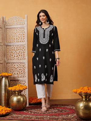 Hand embroidered black cotton lucknowi chikankari straight kurta 2