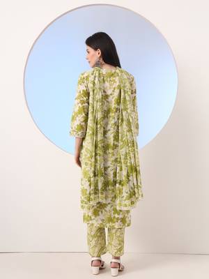  green floral print straight thread work kurta and trouser with dupatta set 3
