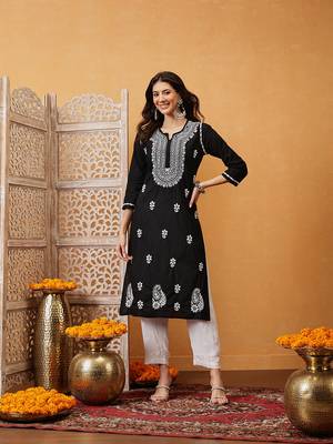 Hand embroidered black cotton lucknowi chikankari straight kurta 4