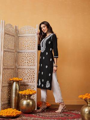 Hand embroidered black cotton lucknowi chikankari straight kurta 5