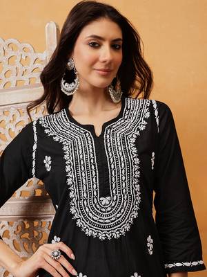 Hand embroidered black cotton lucknowi chikankari straight kurta 6