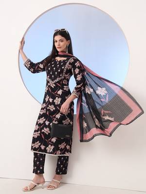 black floral print straight thread work kurta and trouser with dupatta set 1