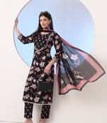  black floral print straight thread work kurta and trouser with dupatta set