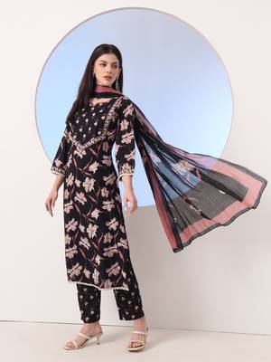  black floral print straight thread work kurta and trouser with dupatta set 2