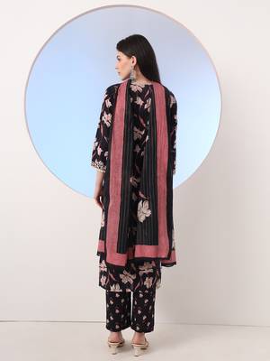  black floral print straight thread work kurta and trouser with dupatta set 3