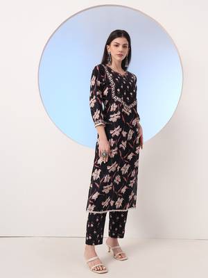  black floral print straight thread work kurta and trouser with dupatta set 5