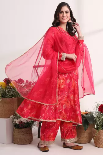  pink ethnic motifs,lace work anarkali kurta and trouser with dupatta set