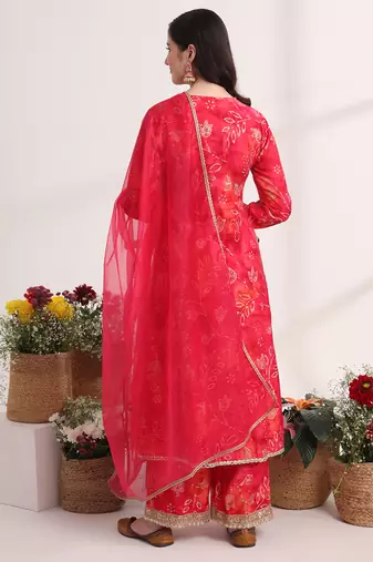  pink ethnic motifs,lace work anarkali kurta and trouser with dupatta set