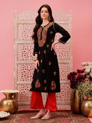 Hand embroidered black cotton lucknowi chikankari straight kurta 3