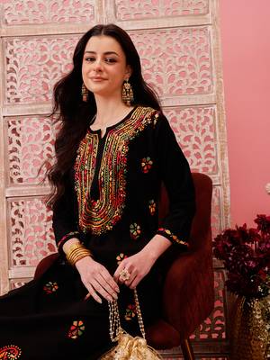 Hand embroidered black cotton lucknowi chikankari straight kurta 5