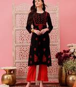 Hand embroidered black cotton lucknowi chikankari straight kurta