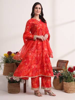  red ethnic motifs,lace work anarkali kurta and trouser with dupatta set 2