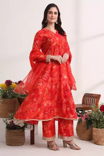  red ethnic motifs,lace work anarkali kurta and trouser with dupatta set