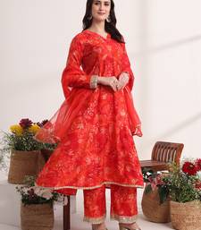  red ethnic motifs,lace work anarkali kurta and trouser with dupatta set