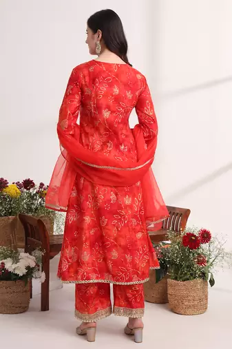  red ethnic motifs,lace work anarkali kurta and trouser with dupatta set