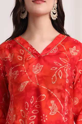  red ethnic motifs,lace work anarkali kurta and trouser with dupatta set