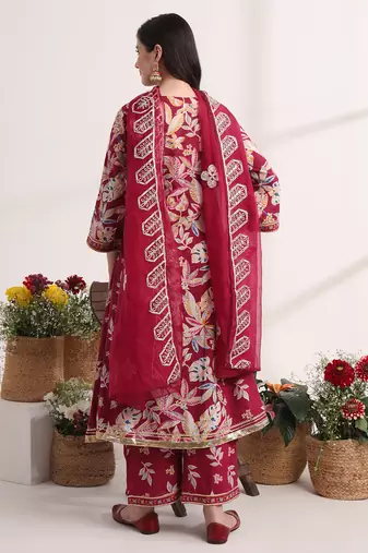  purple floral print a-line kurta trouser and dupatta set
