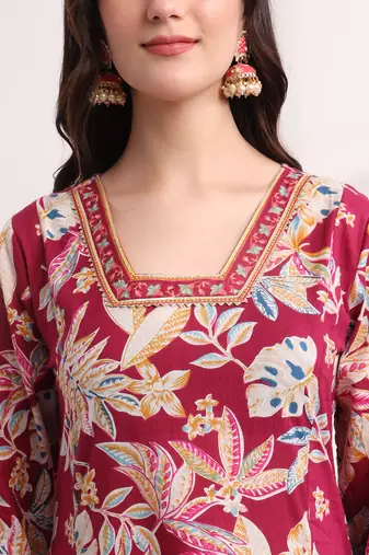  purple floral print a-line kurta trouser and dupatta set