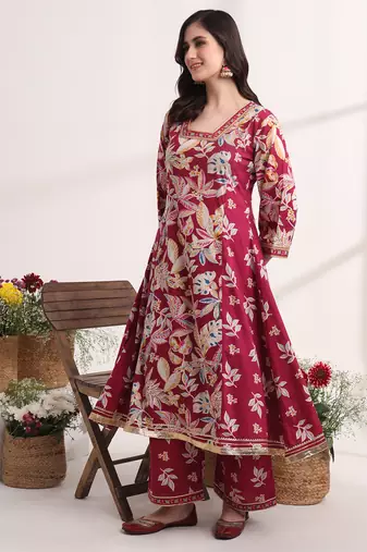  purple floral print a-line kurta trouser and dupatta set