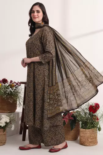  brown printed a-line kurta palazzo and dupatta set