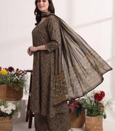  brown printed a-line kurta palazzo and dupatta set