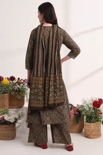  brown printed a-line kurta palazzo and dupatta set
