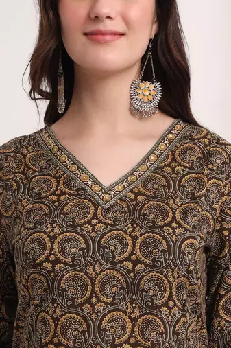  brown printed a-line kurta palazzo and dupatta set