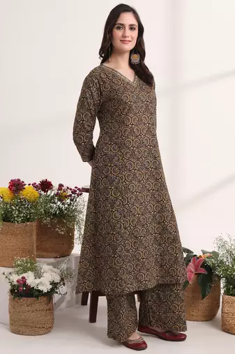  brown printed a-line kurta palazzo and dupatta set