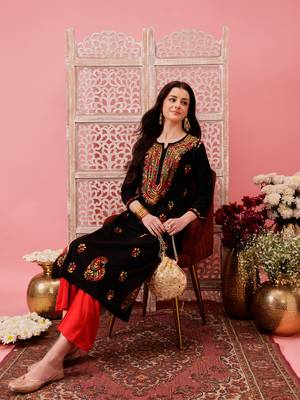 Hand embroidered black cotton lucknowi chikankari straight kurta 6