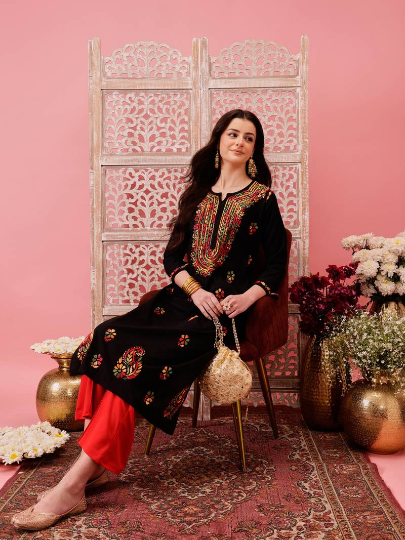 Hand embroidered black cotton lucknowi chikankari straight kurta