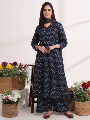 blue  pure cotton a-line kurta dupatta set with handwork 2