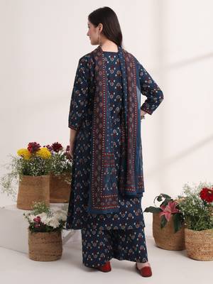 blue  pure cotton a-line kurta dupatta set with handwork 4