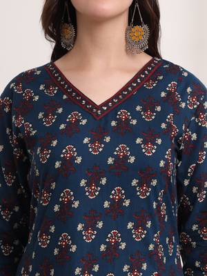 blue  pure cotton a-line kurta dupatta set with handwork 5