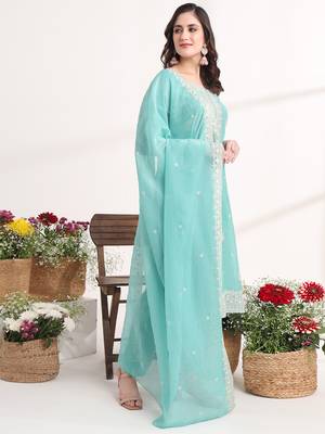  teal blue embroidery silk blend straight kurta dupatta set 2