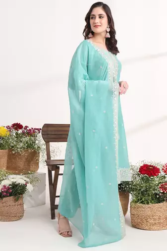  teal blue embroidery silk blend straight kurta dupatta set