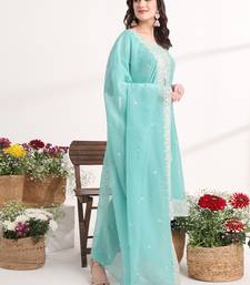  teal blue embroidery silk blend straight kurta dupatta set