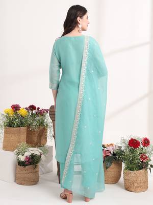  teal blue embroidery silk blend straight kurta dupatta set 3