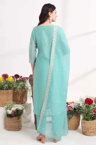  teal blue embroidery silk blend straight kurta dupatta set
