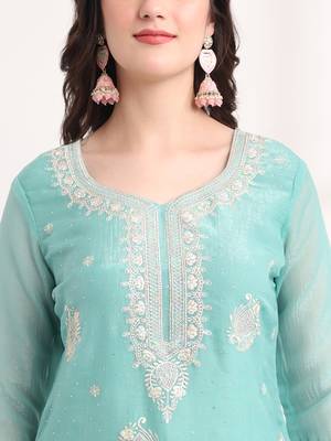 teal blue embroidery silk blend straight kurta dupatta set 4