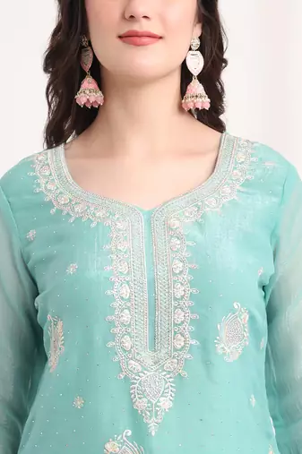  teal blue embroidery silk blend straight kurta dupatta set