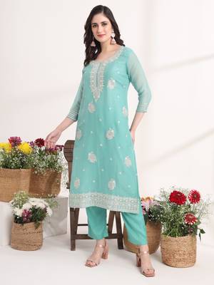  teal blue embroidery silk blend straight kurta dupatta set 5