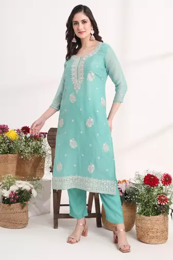  teal blue embroidery silk blend straight kurta dupatta set