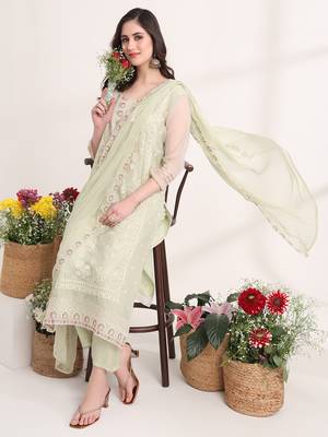  green poly chiffon embroidery straight kurta dupatta set 1