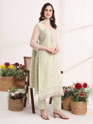  green poly chiffon embroidery straight kurta dupatta set 2