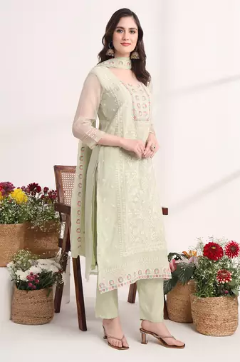  green poly chiffon embroidery straight kurta dupatta set