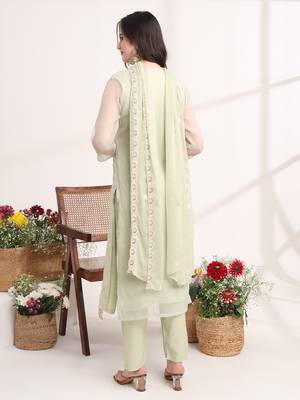  green poly chiffon embroidery straight kurta dupatta set 3