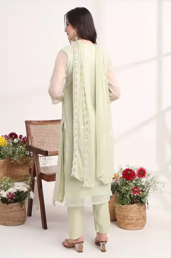  green poly chiffon embroidery straight kurta dupatta set