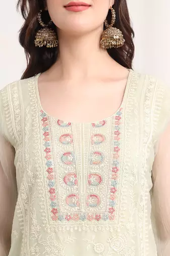  green poly chiffon embroidery straight kurta dupatta set