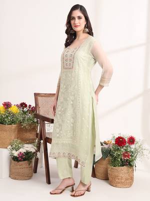  green poly chiffon embroidery straight kurta dupatta set 5